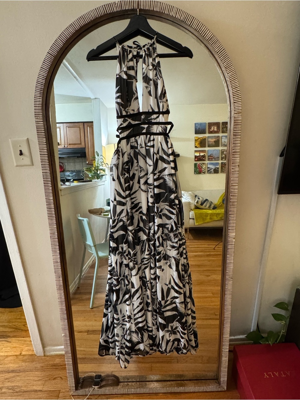 Express Black and White Leaf-Print Halter Maxi Dress